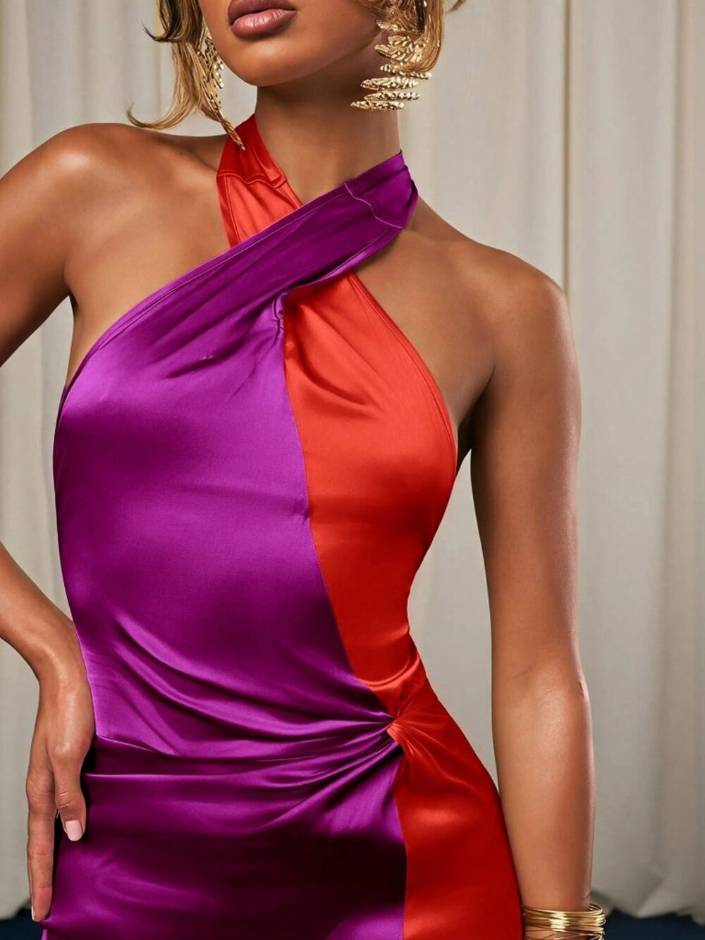 Multicolor Sexy Women's Regular Fit High-Waisted Cold-Shoulder A-Line Dress - Picture 4 of 7